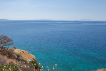 Fototapeta na wymiar Beautiful background amazing seascape of horizon line. Greece. Aerial horizontal color photography