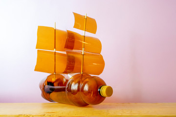 Toy ship made of a plastic bottle. Recycle crafts.