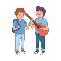 teen boys friends with guitar, flat design