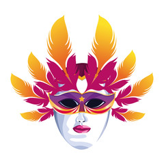 Masquerade mask with colorful feathers, colorful flat design
