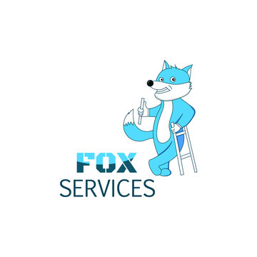Blue fox services logo. Illustration of fox holding ladders and pipes. Mascot logo illustration vector design, usable for home care and construction company