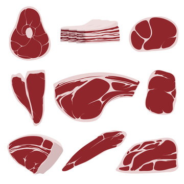 Lamb, pork beef, and other meat pictures in flat style. Steak of beef, raw pork meat.