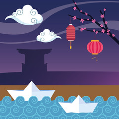 Fototapeta na wymiar chinese lanterns and paper ships design