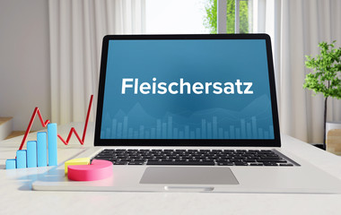 Fleischersatz – Business/Statistik. Laptop im Büro mit Begriff auf dem Monitor. Finanzen/Wirtschaft.