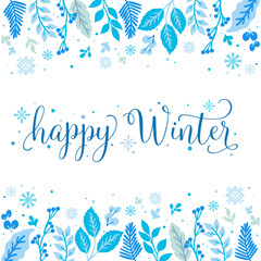 Handwritten of happy winter, with drawing element of blue wreath frame. Vector