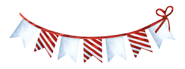 Festive classic paper flags on a rope. Decor white and red colors. Christmas. Decorative elements. Hand drawn watercolor illustration isolated on a white background