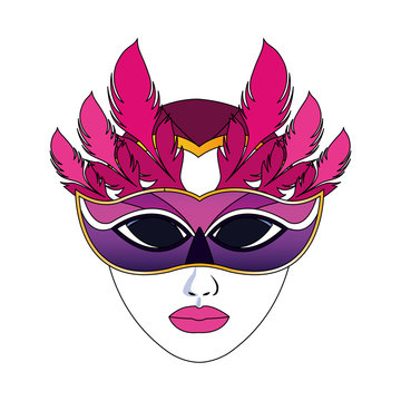 Mardi gras mask with feathers icon over white background