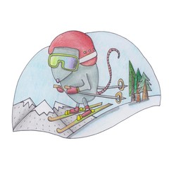 Funny rat on snowboard, sky. hand drawn digital illustration for monthly calendar 2020 or greeting card. Character of mouse. Cartoon mice