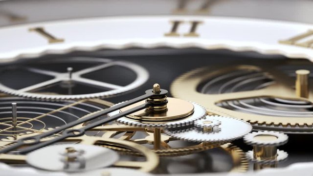 Macro Shot Clock Face and Internal Working Mechanism with Rapidly Rotating Arrow and Gears. Metaphor Time is Money or Life is Fleeting. 4k Realistic 3d Animated Detail Move Watch Cogwheel Close up