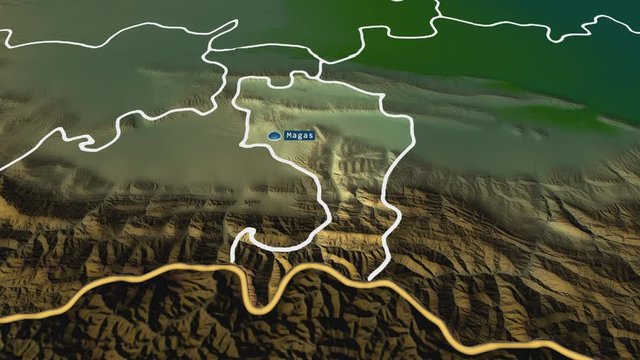 Ingush - republic of Russia (territory after annexation of Crimea in 2014) with its capital zoomed on the physical map of the globe. Animation 3D