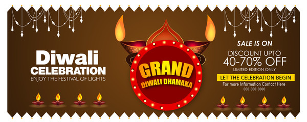 Diwali Festival Sale Design Template with Discount Tag and Creative Lamps, Floral Ornament ,mandala, Abstract Background - Diwali Offer