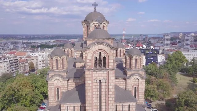 Beautiful St Mark Church in summer day, Belgrade Serbia, summer day 4k aerial