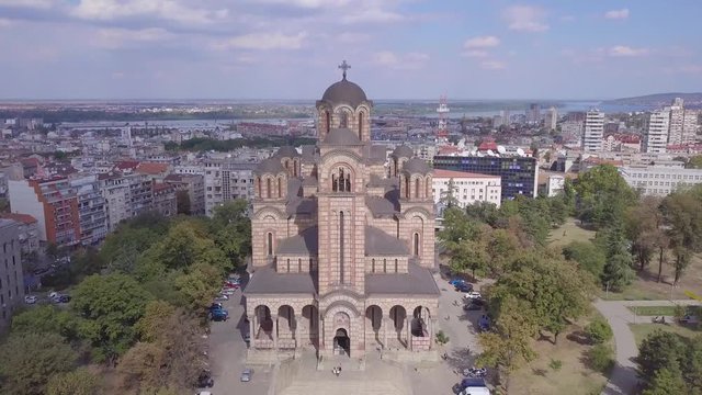 Ascending revealing aerial shot of orthodox church in Belgrade
