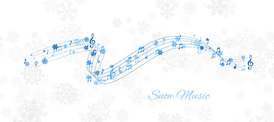 Christmas design element from flying lines, music notes and snowflakes. Winter holiday decoration on the light background from snow. © IlayaStudio