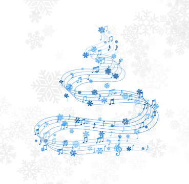 Christmas design element from  flying lines, music notes and snowflakes. Winter holiday decoration on the light background from snow.