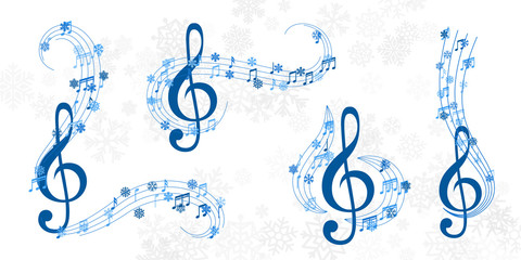 Christmas design element form  flying lines, music notes and snowflakes. Winter holiday decoration on the light background from snow.