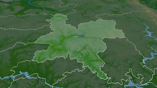 Kirov - region of Russia (territory after annexation of Crimea in 2014) with its capital zoomed on the physical map of the globe. Animation 3D