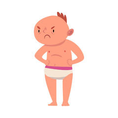 Baby in diaper is dissatisfied with something cartoon vector illustration