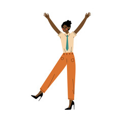 Girl stands raising her hands and led up cartoon vector illustration