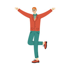 Guy stands raising his hands ang leg up cartoon vector illustration