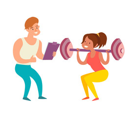 Obraz premium Woman with dumbbells squats and coach. Weight loss healthy lifestyle concept. Trainer in the gym art. Isolated vector illustration on white background