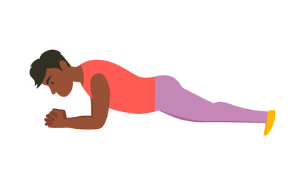 Plank exercise. African american man in the gym. Isolated vector illustration on white background