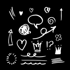 Hand drawn set elements,Arrow, heart, love, star, leaf, sun, light,crown,emphasis ,swirl, for concept design.