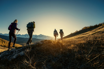Group of hikers walks in mountains at sunset - obrazy, fototapety, plakaty
