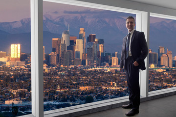 Businessman looking at the buildings of downtown Los Angeles from an office window.  The man looks...