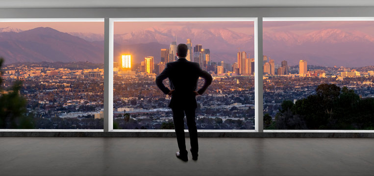 Businessman looking at the buildings of downtown Los Angeles from an office window.  The man looks like a politician like a mayor, or an architect or a real estate developer working in LA.