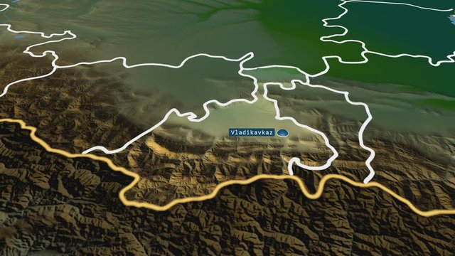 North Ossetia - republic of Russia (territory after annexation of Crimea in 2014) with its capital zoomed on the physical map of the globe. Animation 3D