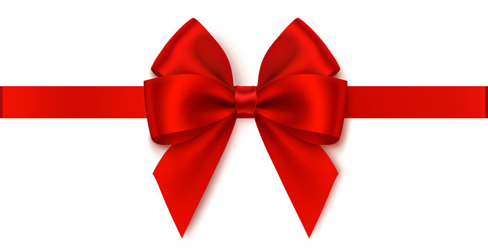 Decorative red bow with horizontal ribbon. Vector bow for page decor isolated on white