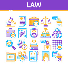 Law And Judgement Collection Icons Set Vector Thin Line. Courthouse And Judge, Gun And Magnifier, Fingerprint And Suitcase, Law Document Concept Linear Pictograms. Monochrome Contour Illustrations