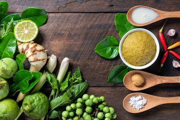 ingredient for thai food green curry chicken, Green curry pork or shrimp, Top view on Wooden background, popula thai food., copy space.