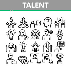 Human Talent Collection Elements Icons Set Vector Thin Line. Idea And Target, Diamond And Star, Signer, Speaker And Actor Talent Concept Linear Pictograms. Monochrome Contour Illustrations