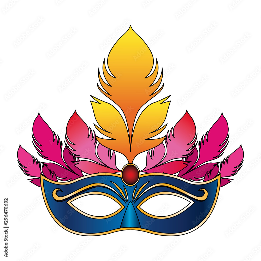 Wall mural carnival mask with pink feathers over white background