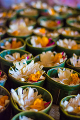 rows of Balinese hindu traditional incense offering sacrifice culture filled with colorful flowers for religious festival