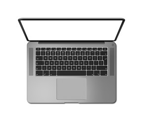 Open laptop top view with blank screen, isolated on white. Dark silver. 3D render