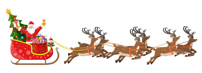 Santa claus on sleigh full of gifts, christmas tree and his reindeers. Happy new year decoration. Merry christmas holiday. New year and xmas celebration. Vector illustration in flat style