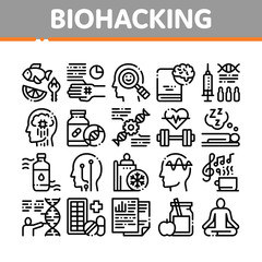 Biohacking Collection Elements Icons Set Vector Thin Line. Meditation And Brain, Dna And Helix, Genetic And Drugs Biohacking Concept Linear Pictograms. Monochrome Contour Illustrations