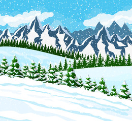 Winter christmas background. Pine tree wood and snow. Winter landscape with fir trees forest, mountain and snowing. Happy new year celebration. New year xmas holiday. Vector illustration flat style