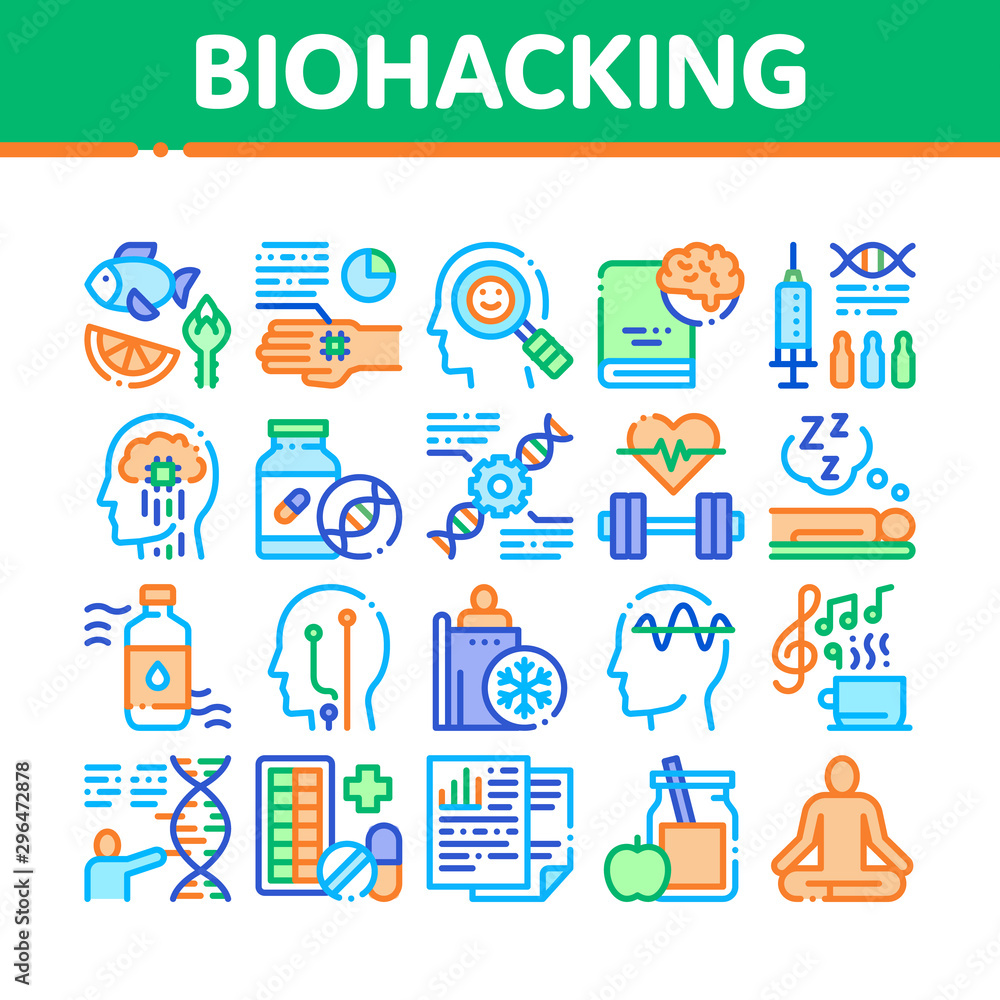 Poster biohacking collection elements icons set vector thin line. meditation and brain, dna and helix, gene