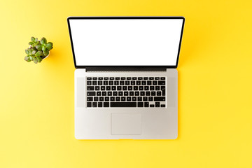 Fototapeta na wymiar Laptop with empty screen and small green plant on yellow background. Office desktop concept. Top view