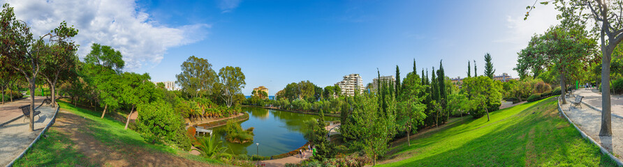 Fototapeta na wymiar Panoramic views of the city public park of Paloma (Parque De La Paloma) in Benalmadena, a resort on the Costa del Sol near Malaga. Andalusia, Spain.