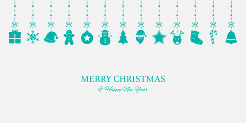 Christmas greeting card with hanging icons and wishes. Xmas concept. Vector