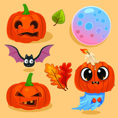 Set of vector illustration of Halloween pumpkins with bat, leafs and moon