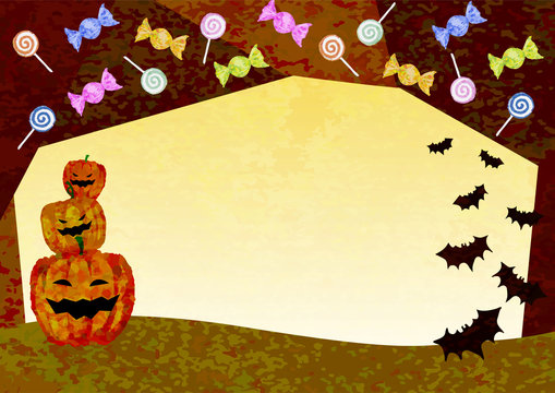 ハロウィンの背景　かぼちゃ、飴、コウモリ