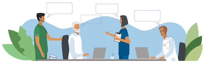 Doctors and nurses discussing and talking at the clinic concept. Teamwork of medical specialists with speech bubbles. Vector illustration in cartoon style for web, medical office, clinics, laboratory