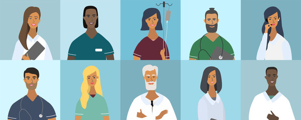 Collection of doctor portraits or avatars. Various faces: blonde, brunette, with beard, African American, trendy hairstyle. Teamwork of medical specialists. Flat vector illustration in cartoon style