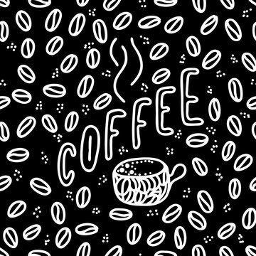 coffee lettering phrase. One word color quote. Mug and beans. Circle round design form. Vector illustration art